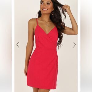 Showpo. WHISPER IT MINI DRESS V NECK WRAP DRESS IN berry LINEN look size 6 new